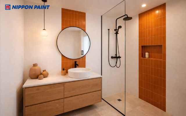 Một chút sắc cam giúp không gian phòng tắm thêm sinh động