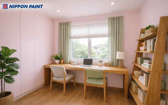 Phối hợp màu hồng nhạt làm cho góc học tập trở nên sáng sủa hơn