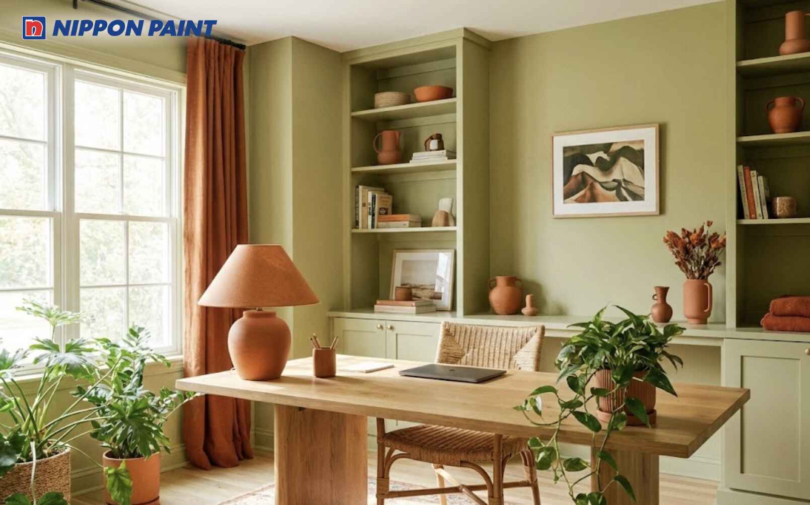 Màu xanh olive nhạt kết hợp màu cam vừa hiện đại vừa hài hòa phong thủy