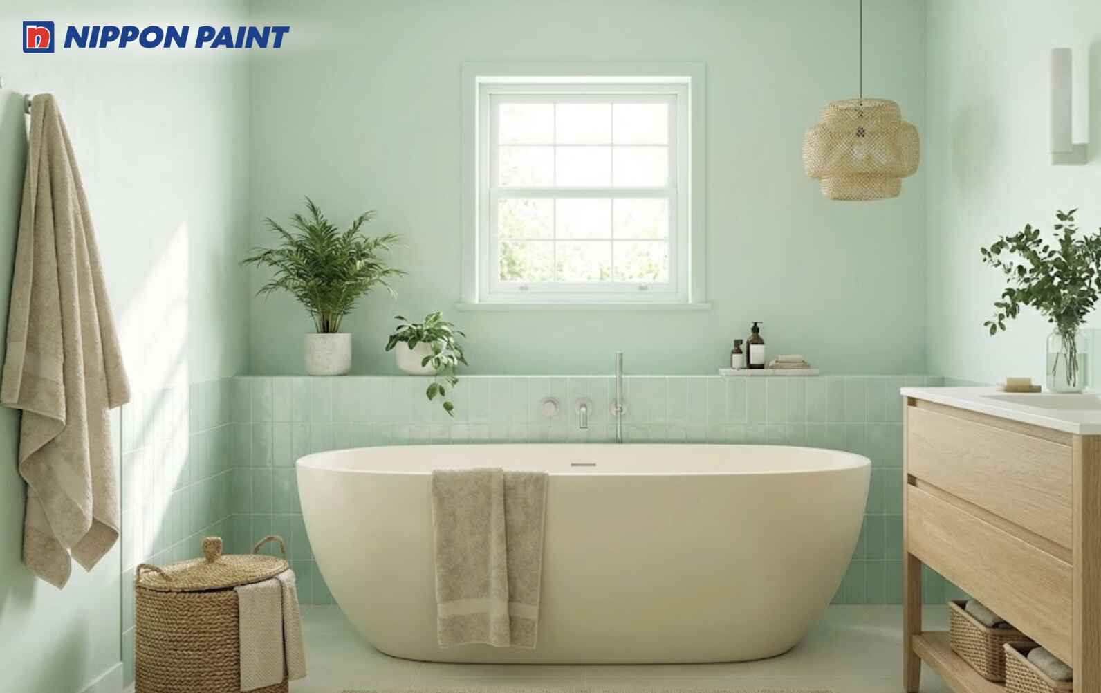 Sự kết hợp xanh pastel - trắng hài hòa giúp phòng tắm thoáng và sạch sẽ