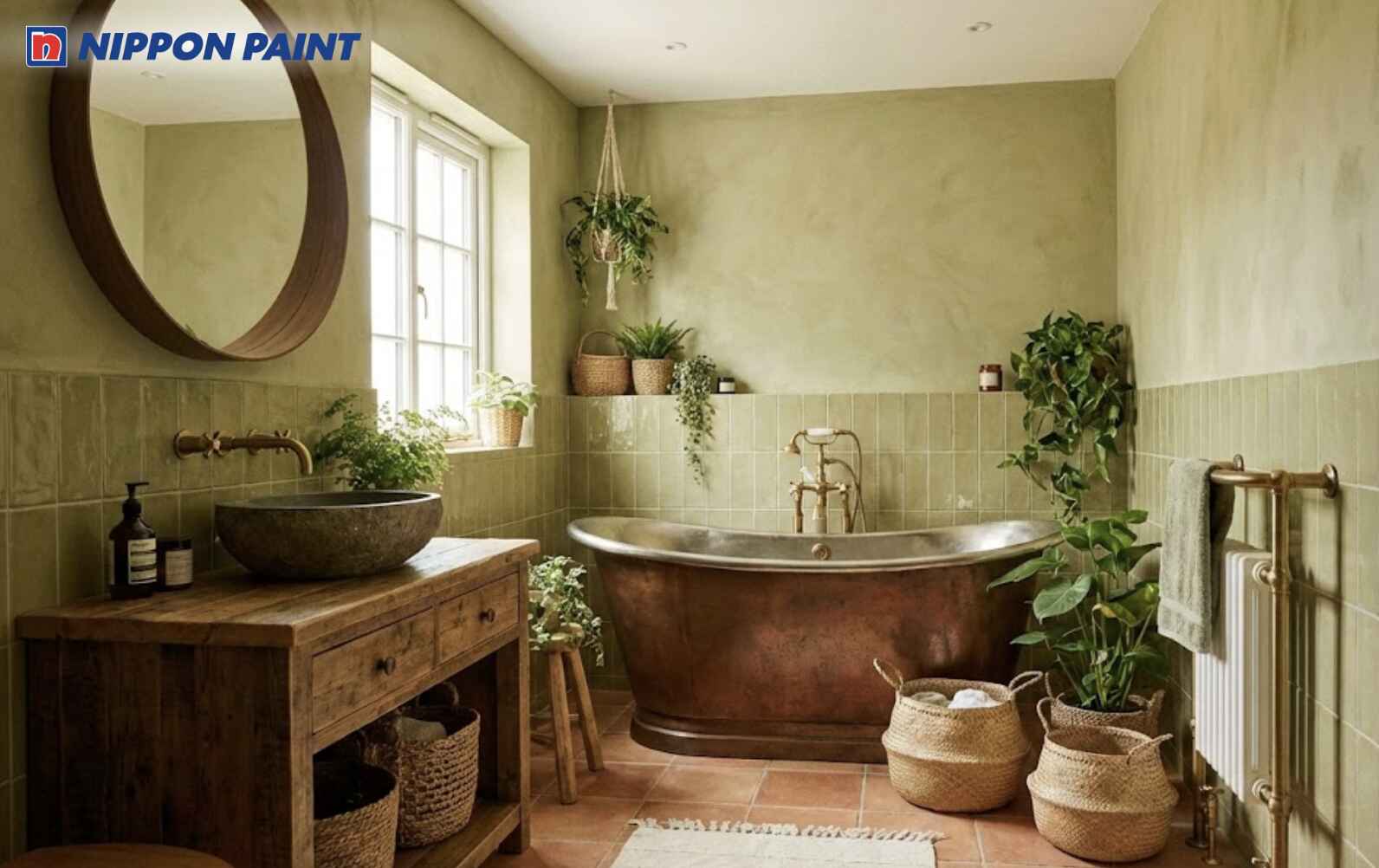 Màu xanh olive nhạt kết hợp nội thất gỗ giúp cân bằng phong thủy và tạo cảm giác thư thái