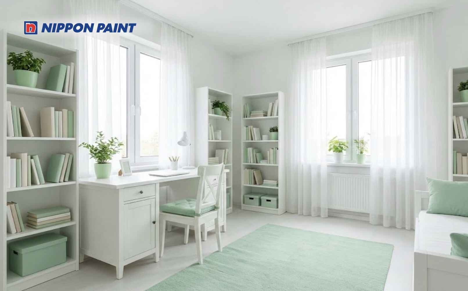 Kết hợp trắng - xanh pastel, giúp không gian thoáng đãng, kích thích tinh thần học tập