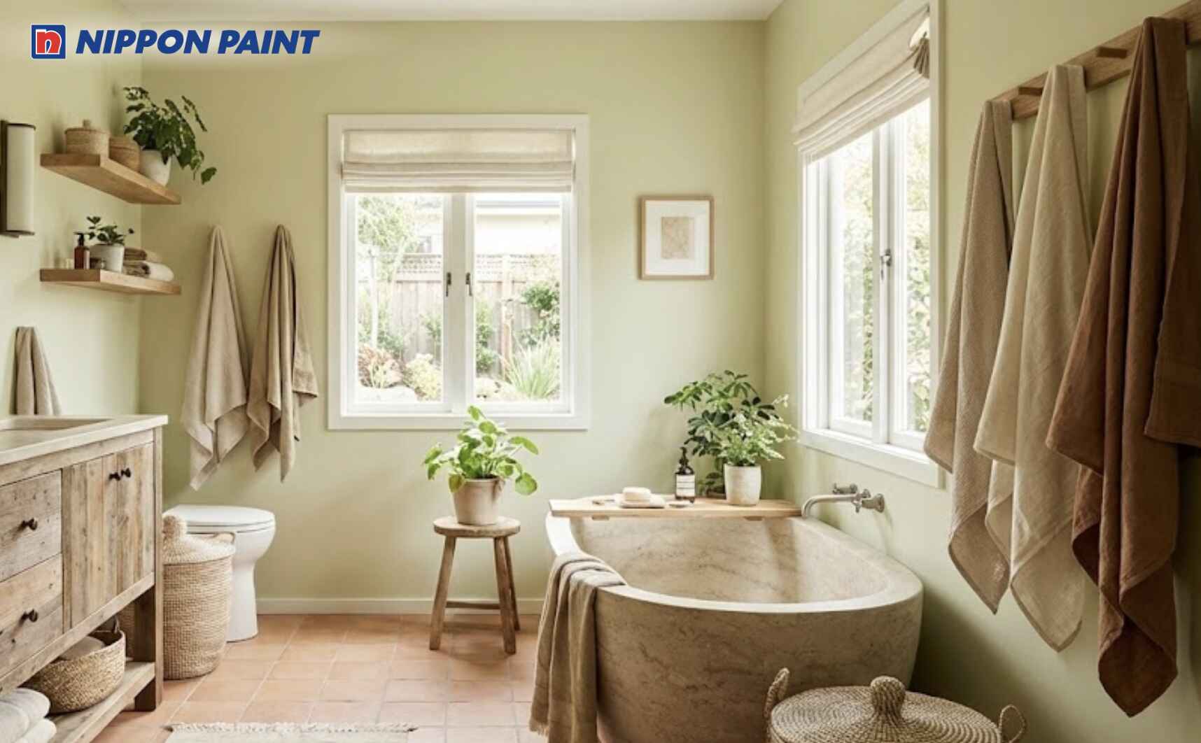 Gam xanh lá mang lại cảm giác thư giãn và cân bằng cho phòng tắm