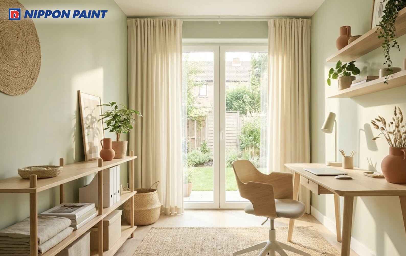 Không gian học tập sơn xanh lá nhạt, tạo cảm giác tươi mới, hỗ trợ tư duy linh hoạt