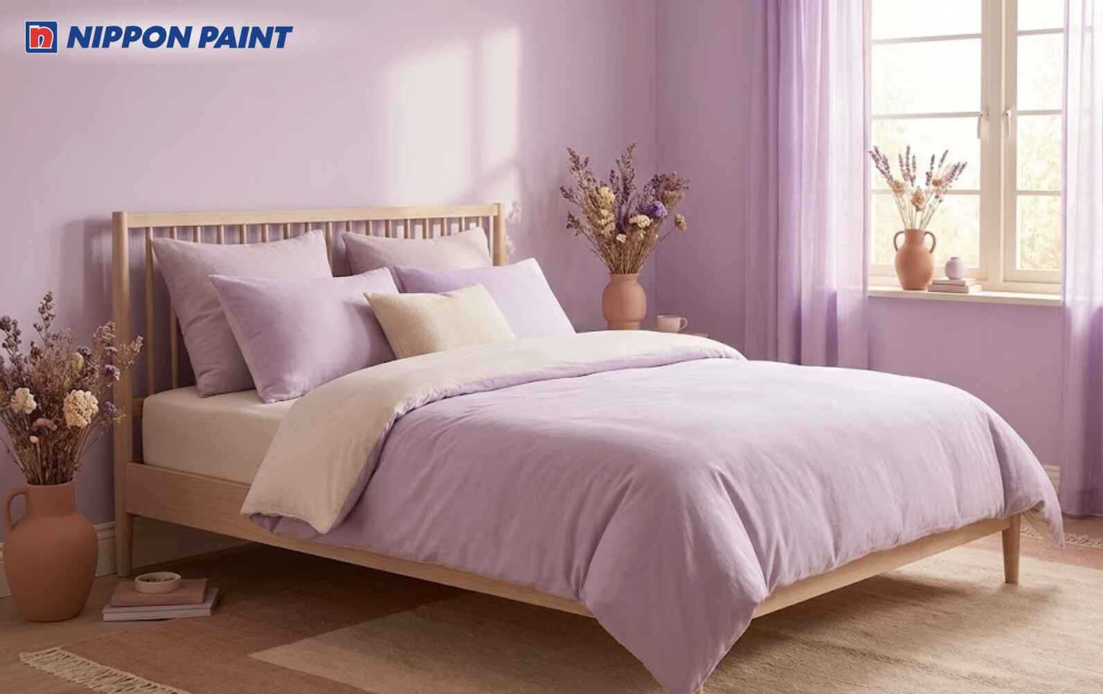 Tông màu tím nhạt tinh tế tạo điểm nhấn nhẹ, giúp thư giãn và ổn định cảm xúc