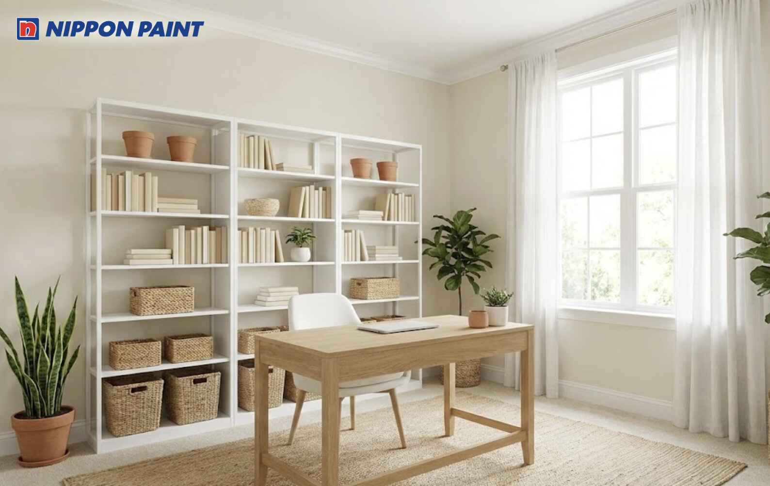 Tông be sáng pha trắng mang lại sự nhẹ nhàng, giúp mắt dễ chịu khi học tập