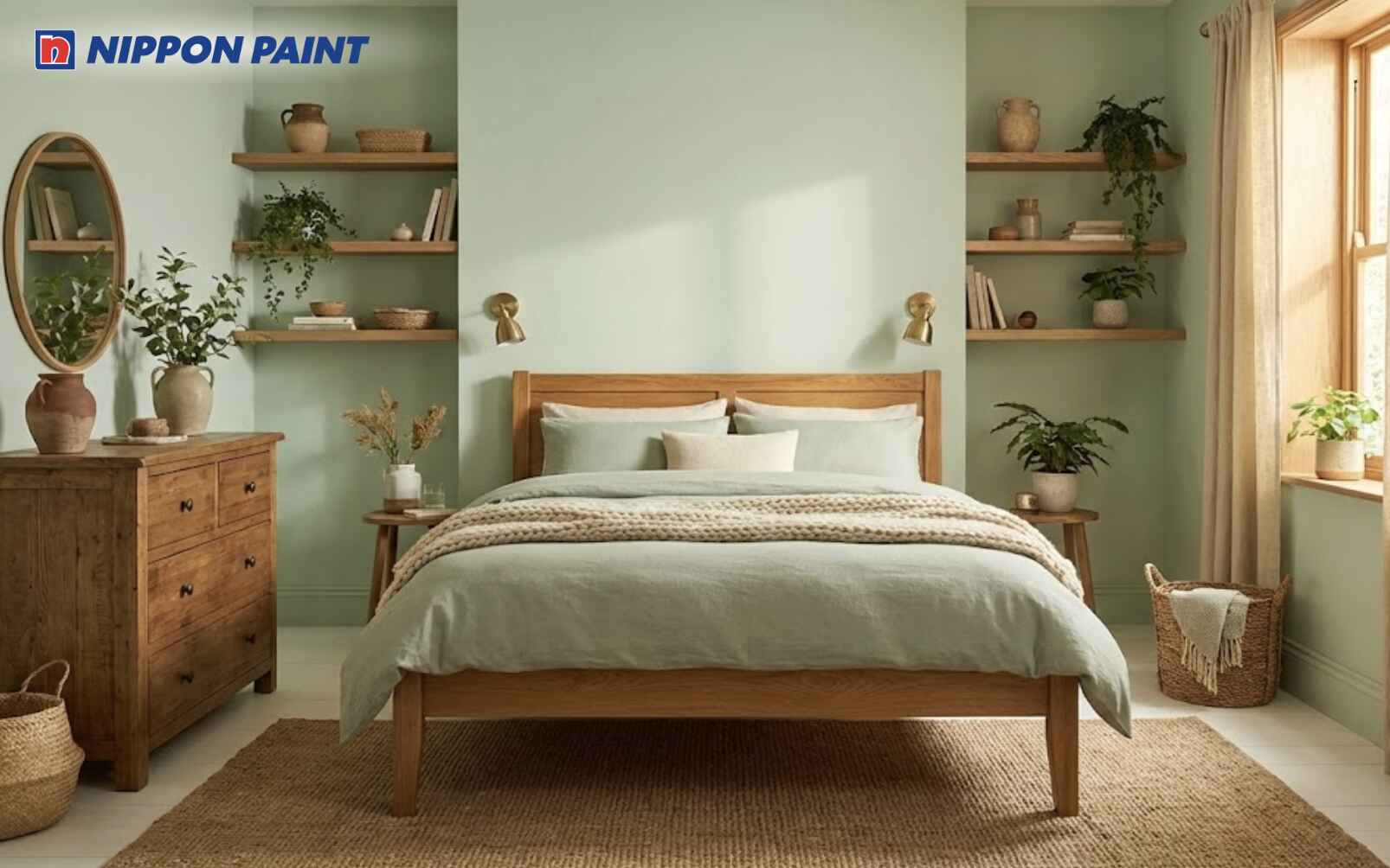 Xanh lá pastel phối điểm nhấn gỗ giúp kích hoạt sinh khí, mang lại bình yên cho Canh Dần 2010