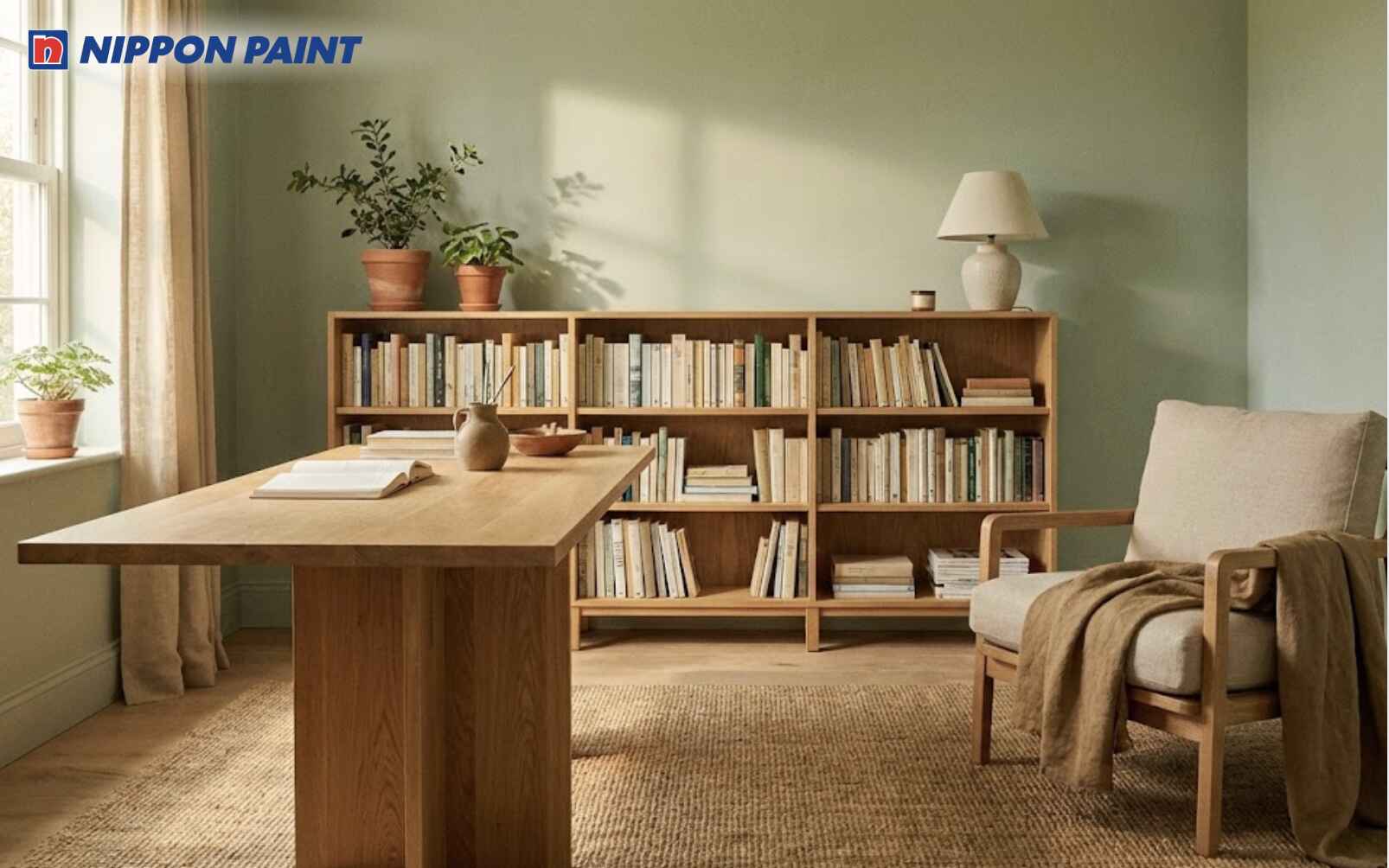 Xanh lục pastel kết hợp nội thất gỗ giúp màu sắc hài hoà, dễ chịu hơn