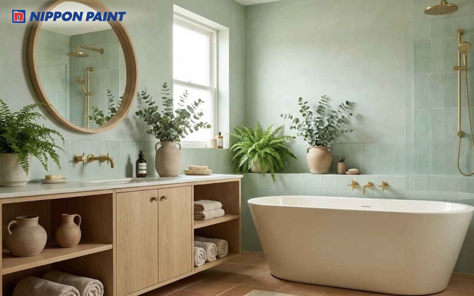 Xanh lá dịu phối nội thất gỗ sáng nuôi dưỡng Mộc khí, mang lại sự thư giãn