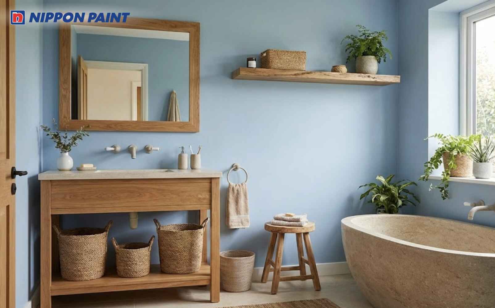 Phòng tắm tông xanh dương phối phụ kiện gỗ kết hợp cây xanh