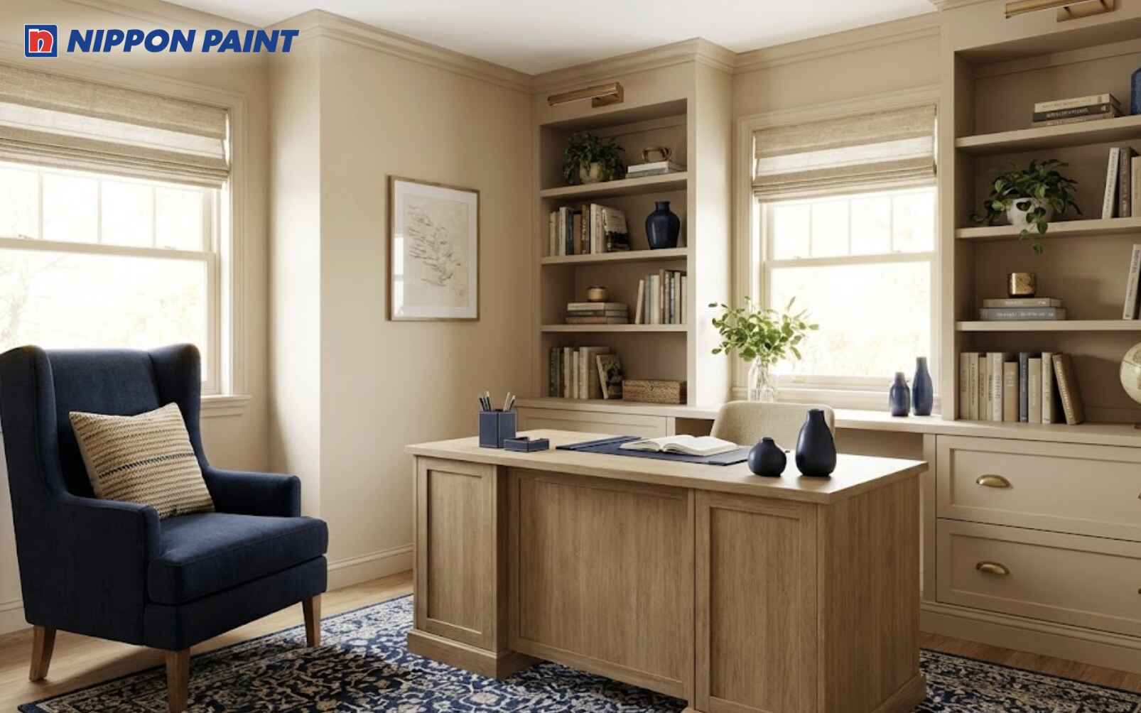 Tông màu be chủ đạo kết hợp xanh navy tạo cảm giác ấm áp, giúp học tập hiệu quả