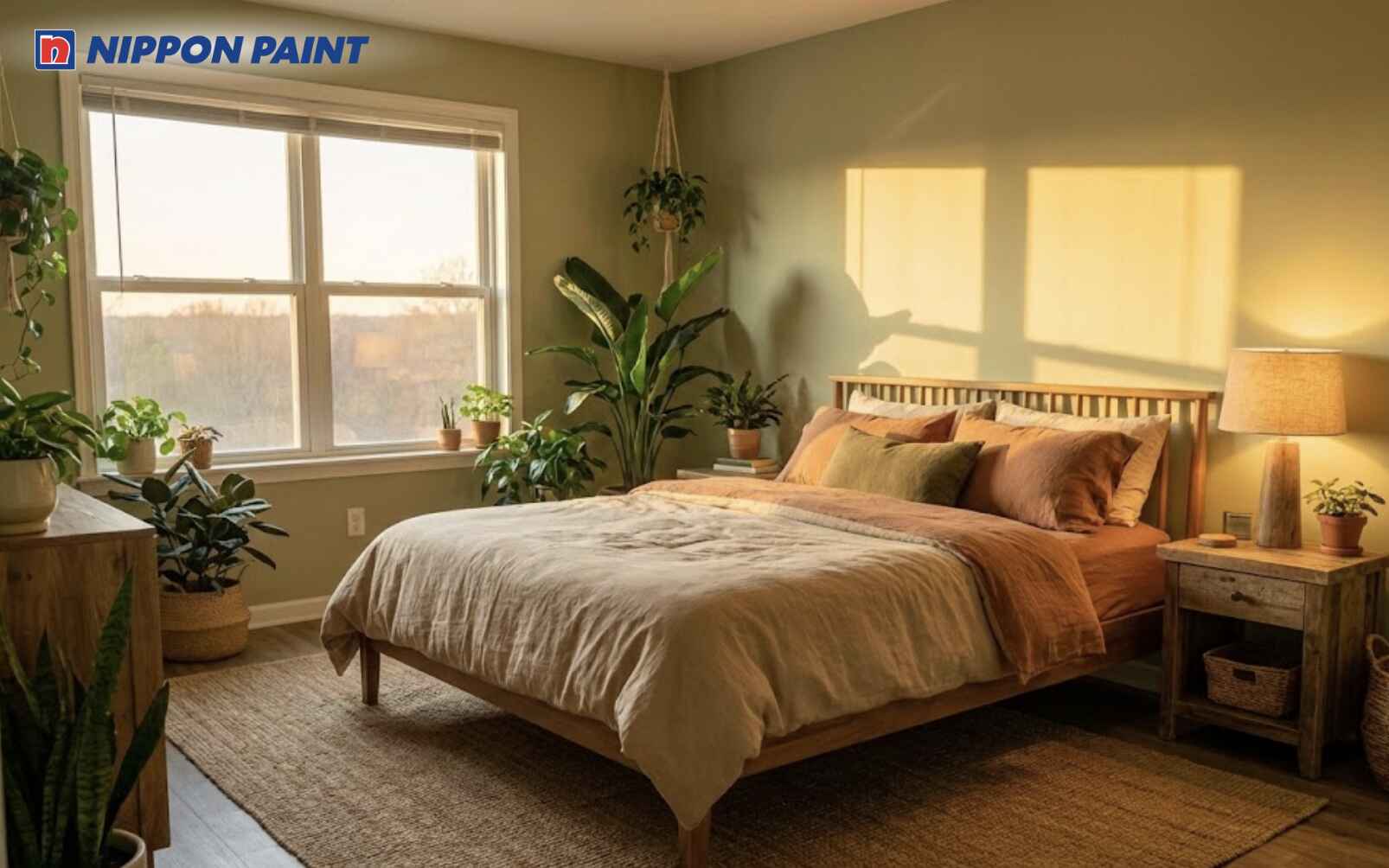 Xanh olive nhạt kết hợp ánh vàng ấm tạo chiều sâu mà không gây nặng nề