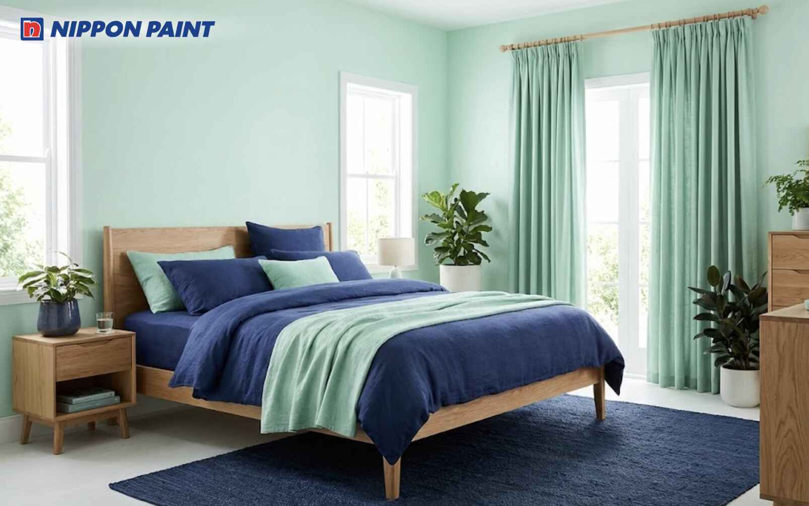 Xanh mint nhẹ kết hợp xanh dương đậm giúp dòng khí lưu thông, dễ ngủ và ổn định cảm xúc