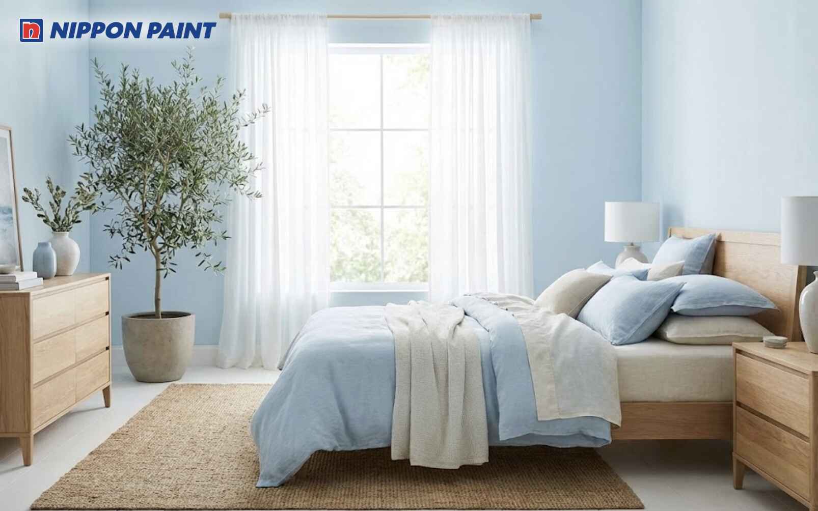 Phòng ngủ xanh da trời kết hợp khéo léo với màu be tạo cảm giác thoáng mát, dễ chịu