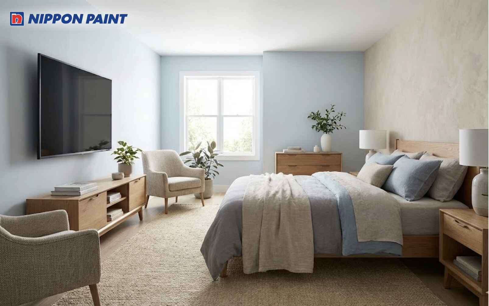 Xanh lam pha xám nhẹ phối be trung tính giúp giảm căng thẳng, điều hòa phong thủy