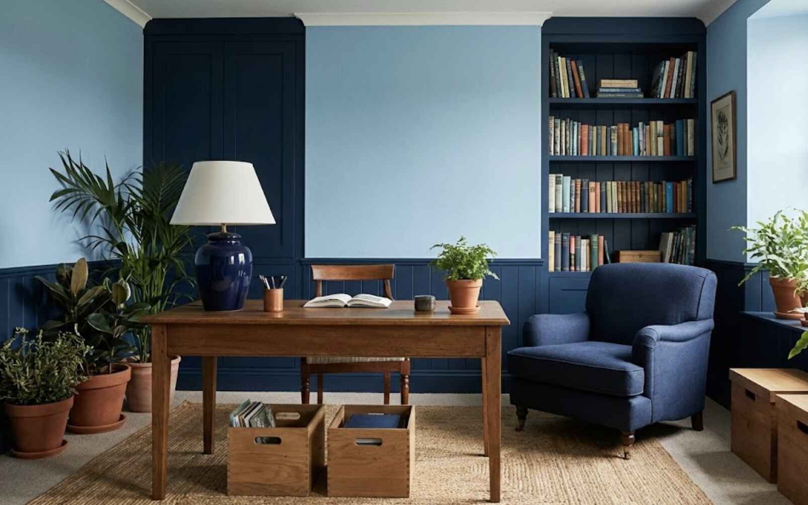 Xanh da trời kết hợp xanh đậm giúp phòng học hiện đại và tăng tập trung hơn