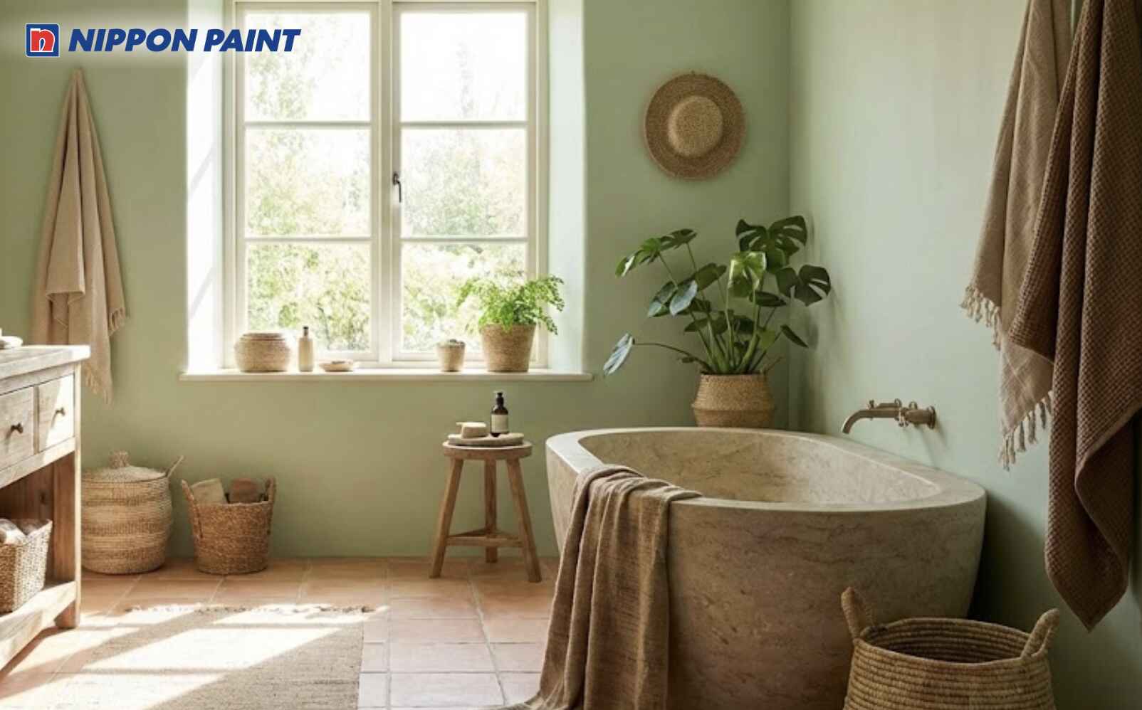 Xanh lục sáng cùng ánh sáng tự nhiên giúp phòng tắm hài hòa và dễ chịu