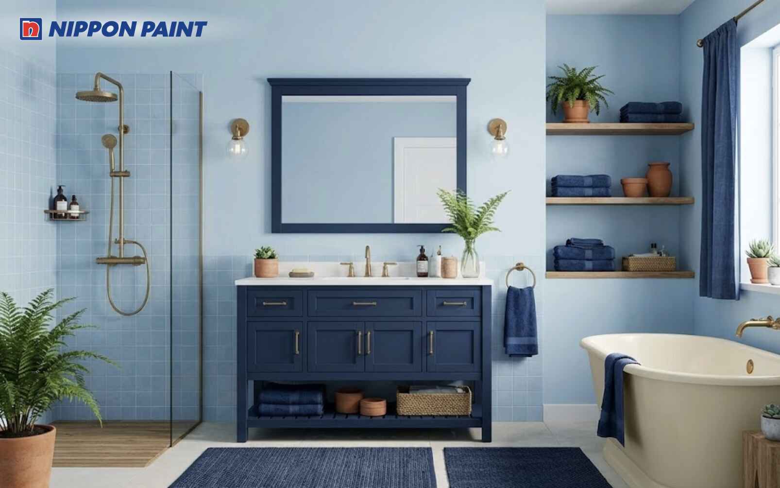 Xanh da trời kết hợp điểm nhấn xanh đậm tăng chiều sâu phong thủy