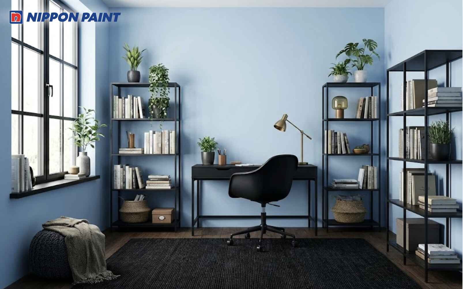 Phòng học xanh da trời nhạt phối thêm nội thất màu đen giúp nuôi dưỡng Mộc khí