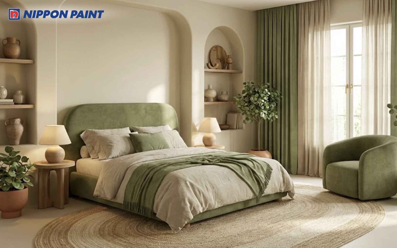 Xanh lục pha be cùng nội thất bo tròn tạo không gian nghỉ ngơi hài hòa