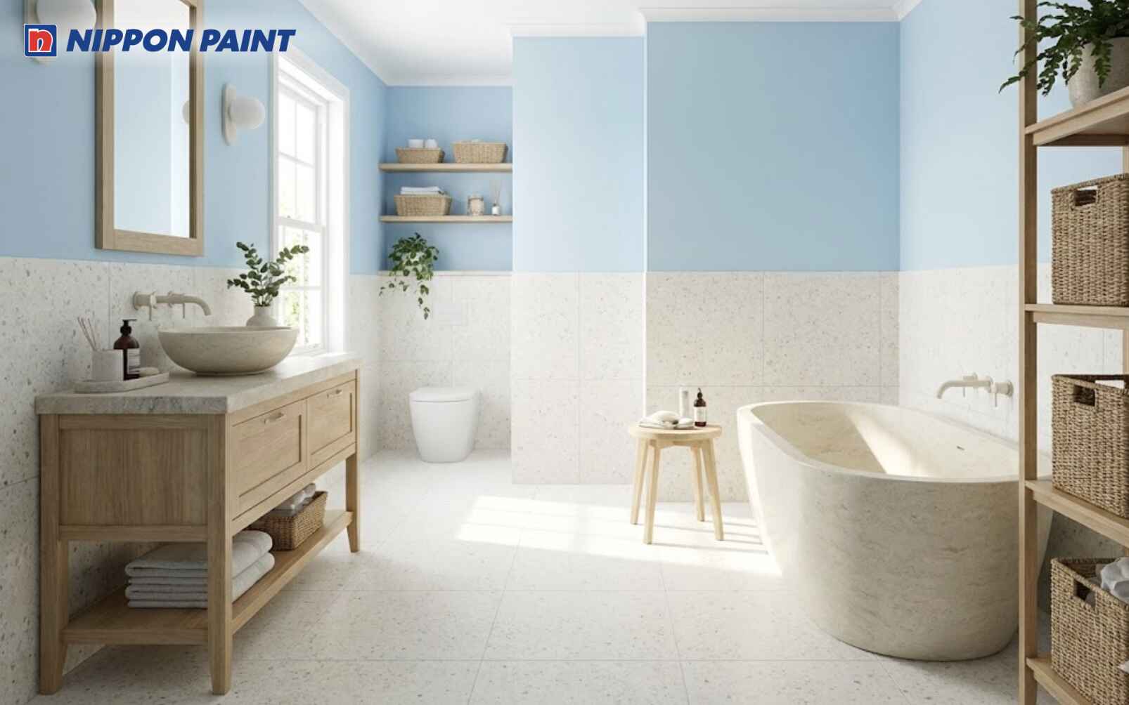 Xanh da trời nhạt kết hợp gạch sáng giúp cân bằng Thủy khí, tạo cảm giác sạch thoáng