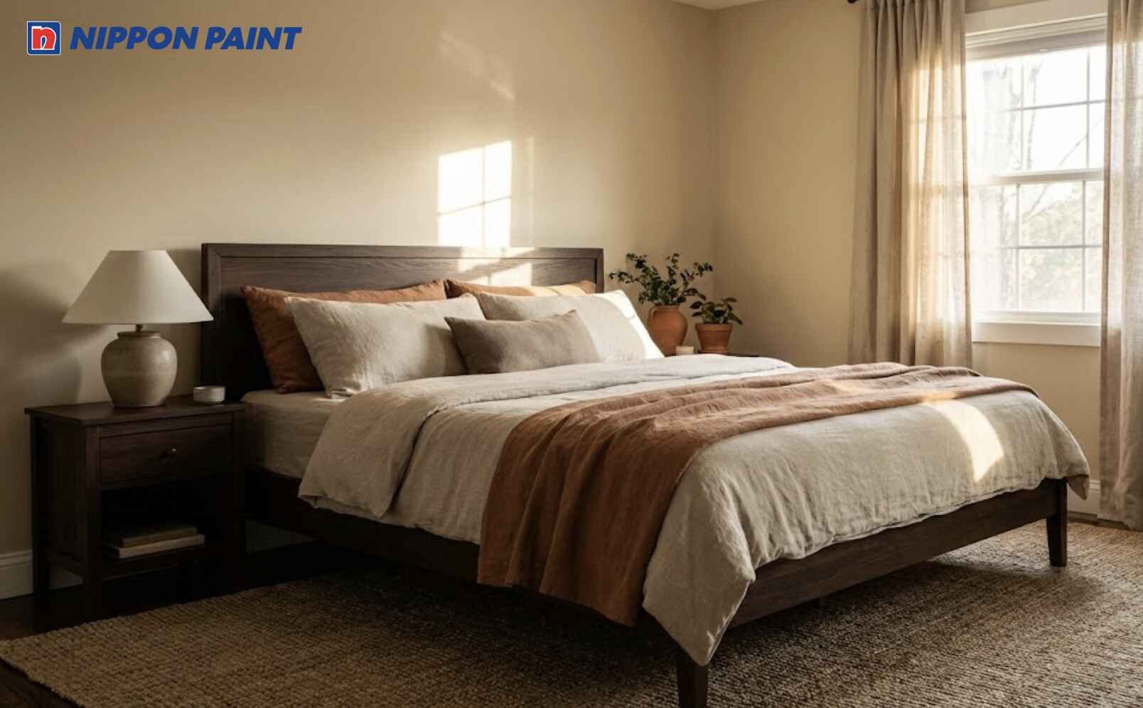 Be ấm kết hợp màu gỗ mang lại sự nhẹ nhàng, giúp không gian ngủ thêm ấm cúng