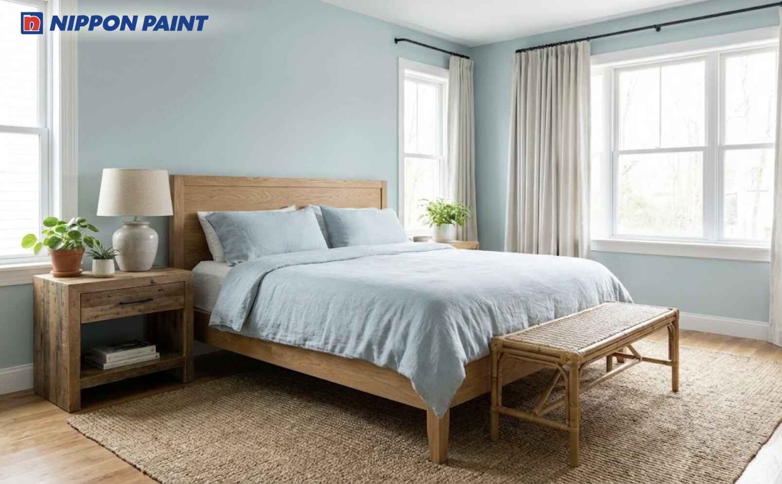 Gam màu xanh biển nhạt phối gỗ tự nhiên giúp căn phòng gần gũi và cân bằng năng lượng