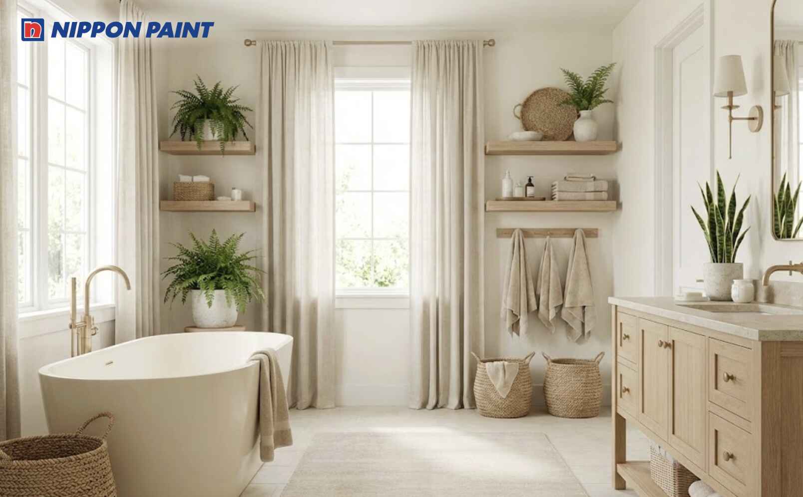 Gam sáng kết hợp gỗ nhạt và cây xanh giúp không gian hài hòa và gần gũi thiên nhiên