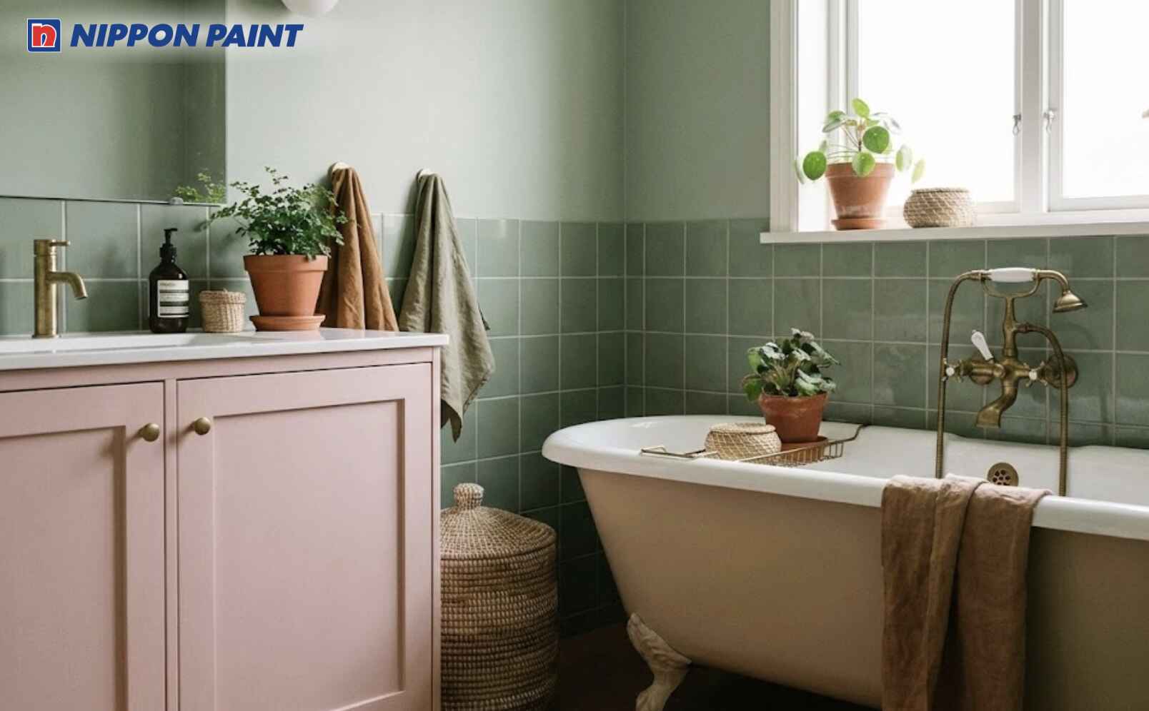 Tông màu xanh lá mạ với tủ quần đồ màu hồng pastel giữ phong thủy cân bằng