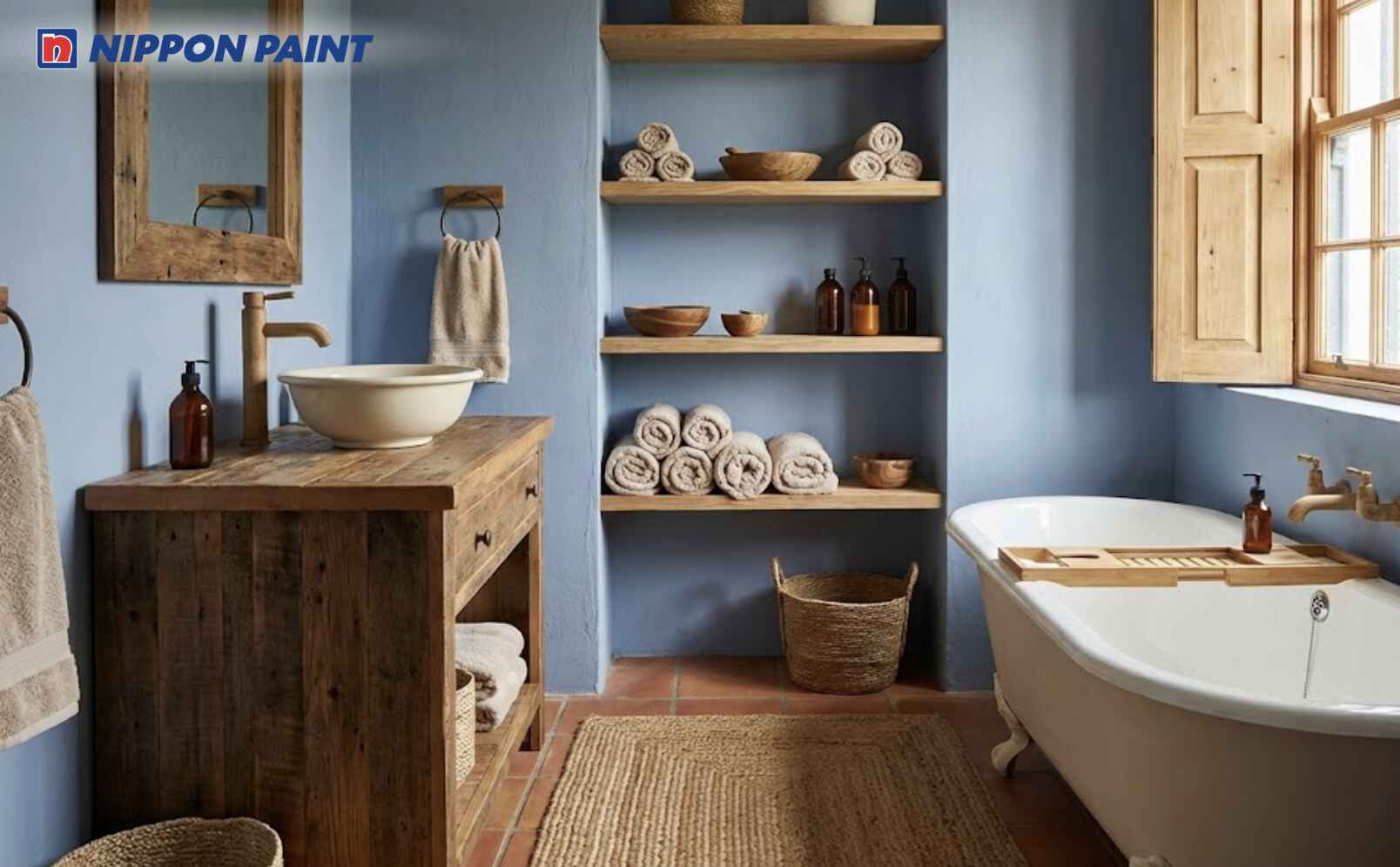 Phối xanh navy nhạt với phụ kiện gỗ mang lại sự ổn định và cảm giác an tâm