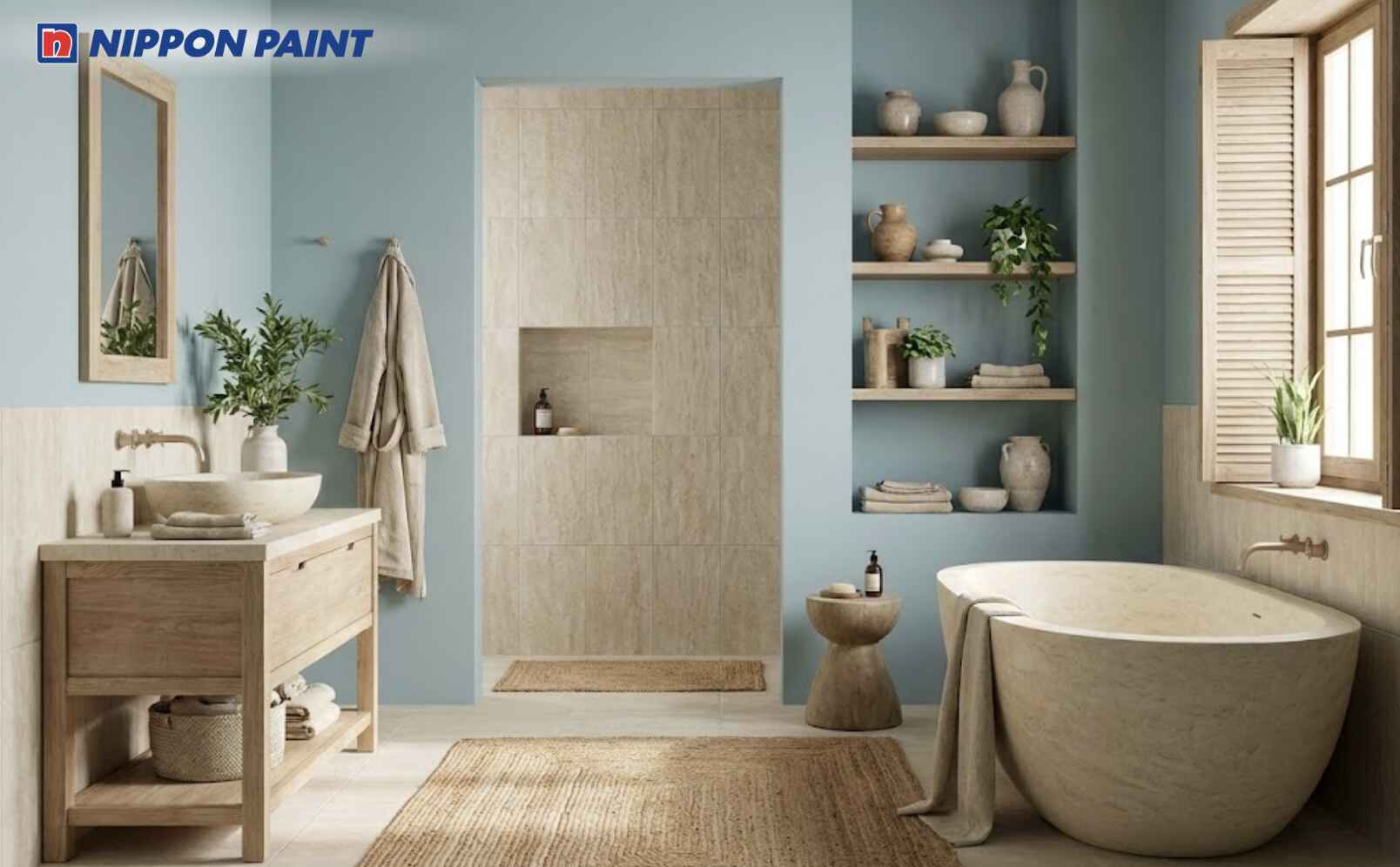 Xanh biển phối màu be giúp không gian phòng tắm nhẹ nhàng và cân bằng năng lượng