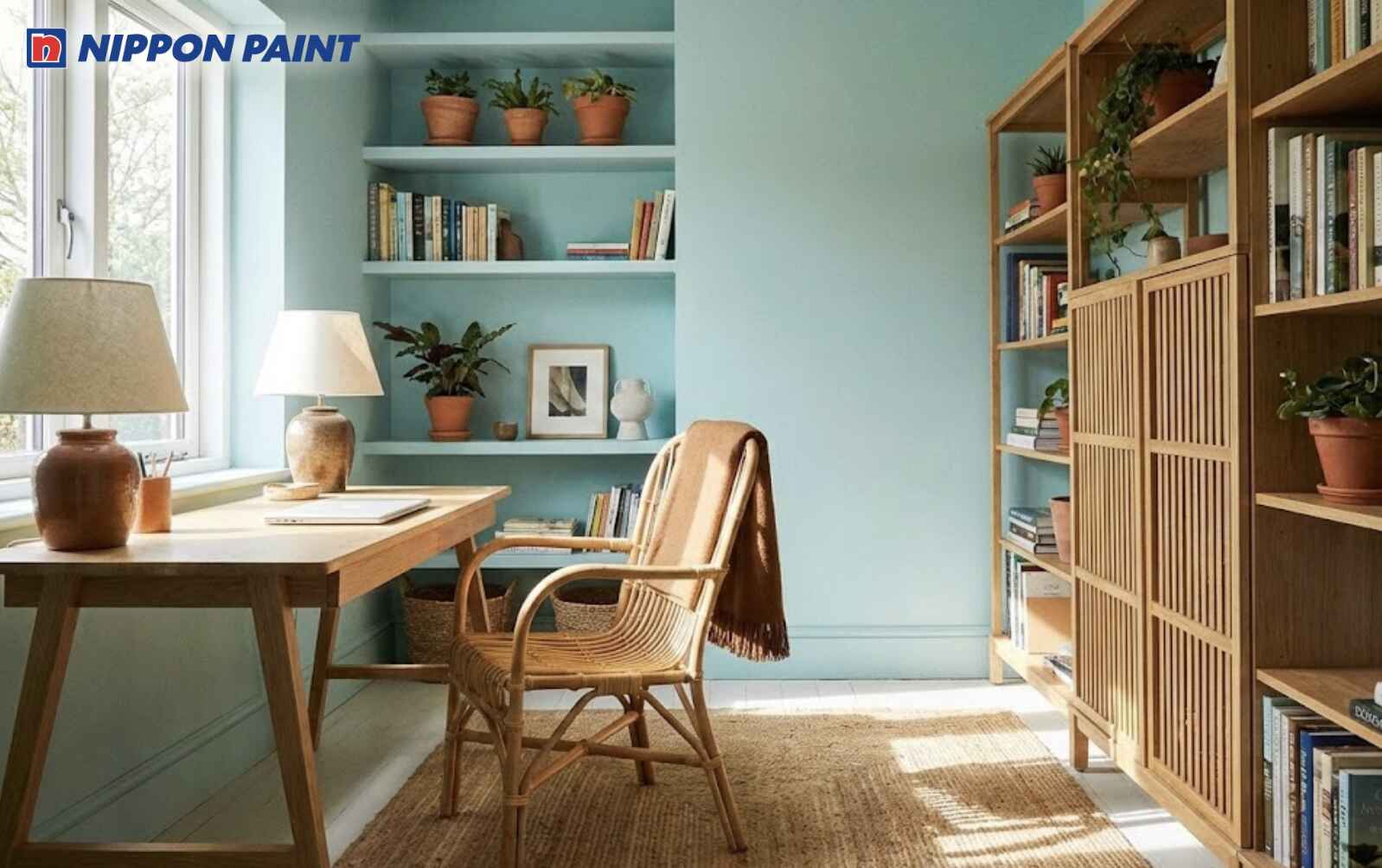 Xanh ngọc nhạt tạo không gian học tập nhẹ mắt, hỗ trợ tập trung lâu hơn