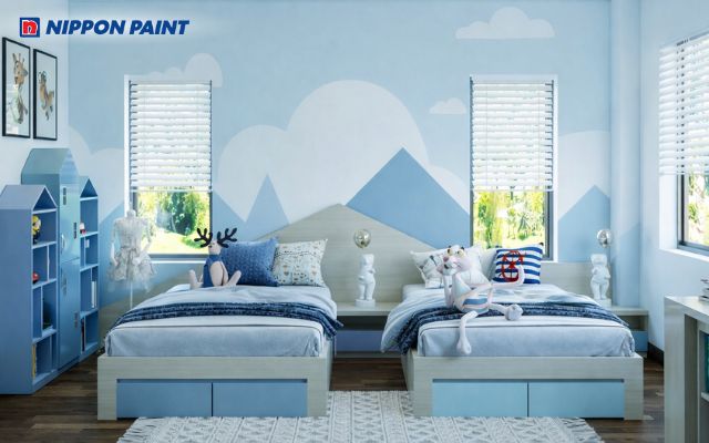 Thiết kế phòng ngủ đôi tone xanh, trắng tạo sự cân bằng, hài hòa và gọn gàng