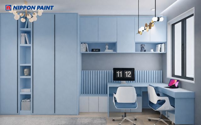 Hệ bàn, tủ liền khối cùng các chi tiết bo gọn giúp không gian học vừa tiện nghi vừa an toàn