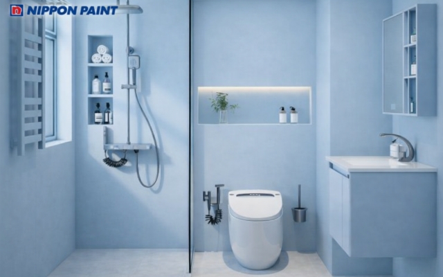 Không gian phòng tắm gam xanh dịu, mang lại cảm giác thư thái mỗi ngày