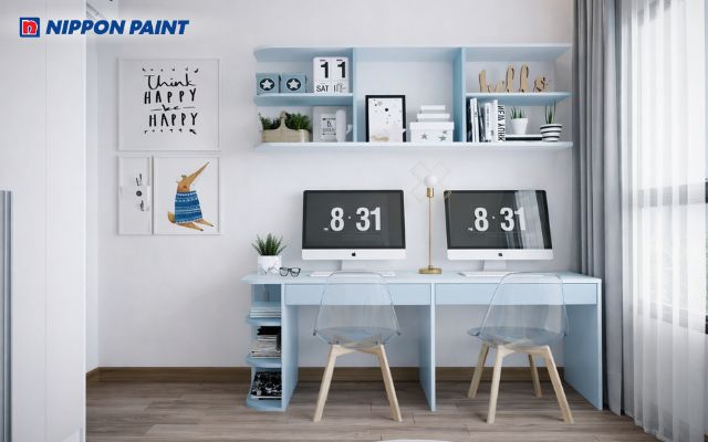 Màu sơn xanh pastel kết hợp bàn học đôi tạo không gian học tập gọn gàng, khoa học