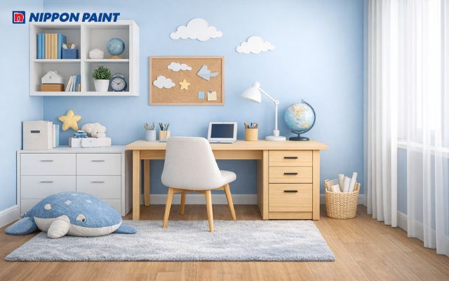 Phòng học tông xanh pastel kết hợp nội thất gỗ sáng, tạo không gian học tập dễ chịu