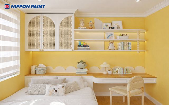 Phòng học tông vàng đậm, phù hợp với phong thủy tuổi Giáp Ngọ và xu hướng thiết kế hiện đại