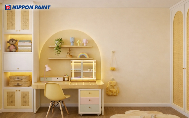 Màu vàng pastel trong phòng học giúp cân bằng không gian và tạo cảm giác an yên cho bé