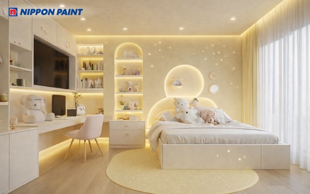 Hệ kệ tủ âm tường và bàn học liền khối màu trắng sữa giúp tối ưu diện tích, giữ không gian luôn gọn gàng