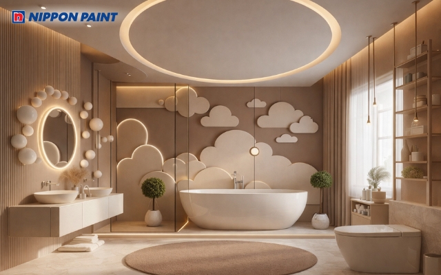 Phòng tắm tông nâu kem hài hòa, phù hợp phong thủy tuổi Giáp Ngọ 2014 mệnh Kim