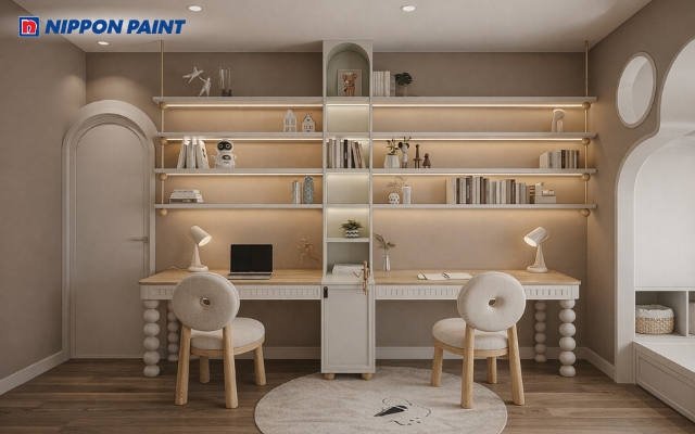 Phòng học màu nâu nhẹ mang lại cảm giác ổn định và gọn gàng, phù hợp màu phong thuỷ tuổi 2014