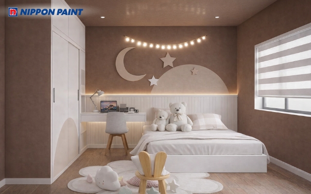 Nội thất gỗ tông nâu nhạt tạo cảm giác ấm áp và gần gũi trong không gian ngủ