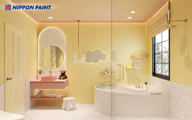 Gam vàng ấm giúp phòng tắm luôn sáng thoáng, mang lại năng lượng tích cực cho bé Giáp Ngọ