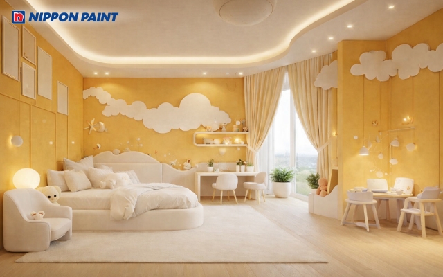 Không gian phòng ngủ màu vàng pastel kết hợp ánh sáng dịu, mang lại sự thư giãn cho bé