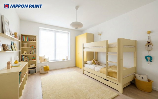 Sự kết hợp này tạo ra một không gian ấm áp, tươi sáng và tràn đầy năng lượng tích cực