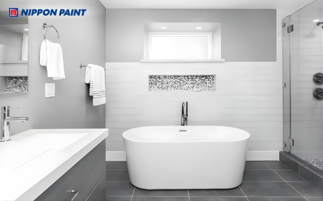 Sự kết hợp giữa tường ốp gạch trắng và sàn nhà màu ghi nhạt là lựa chọn hoàn hảo