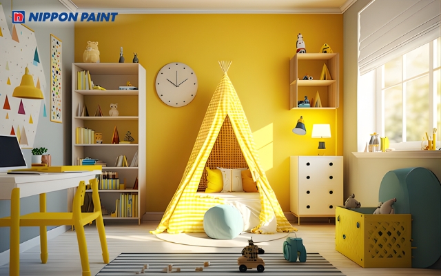 Màu vàng chanh nhạt - trắng sẽ tạo cho bé không gian học tập đầy hứng khởi