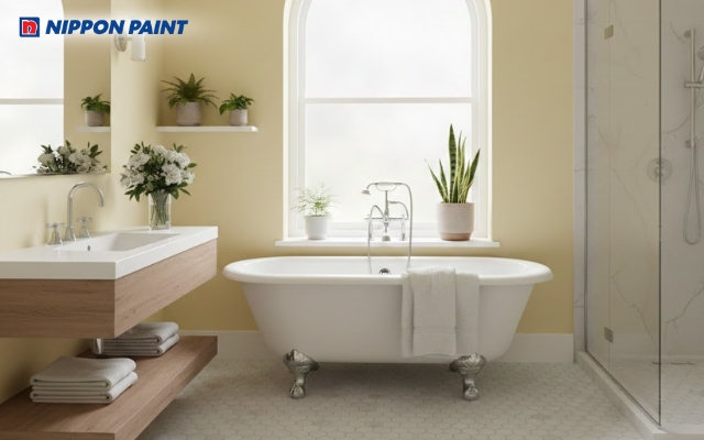 Thiết kế phòng tắm với tông màu vàng, mang lại cảm giác rộng rãi và năng lượng tích cực