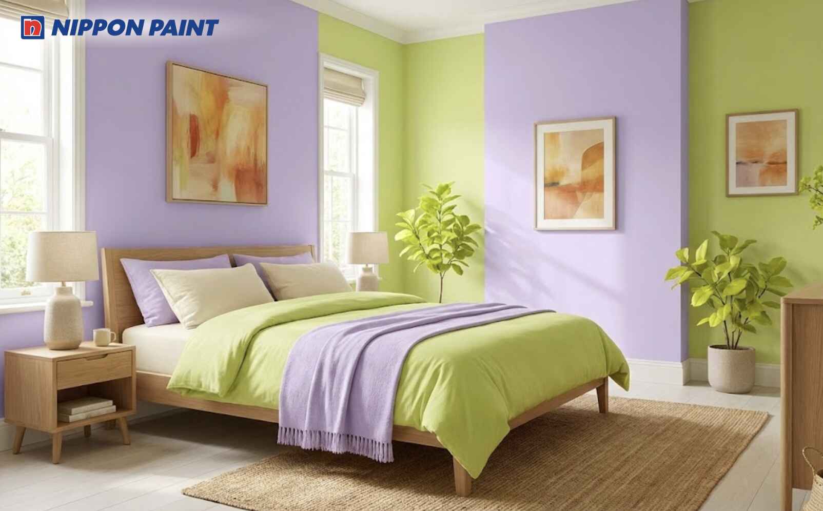 Tím pastel kết hợp xanh lá mạ mang lại sự ổn định tinh thần, hạn chế cảm giác nóng nảy cho tuổi Bính Thân